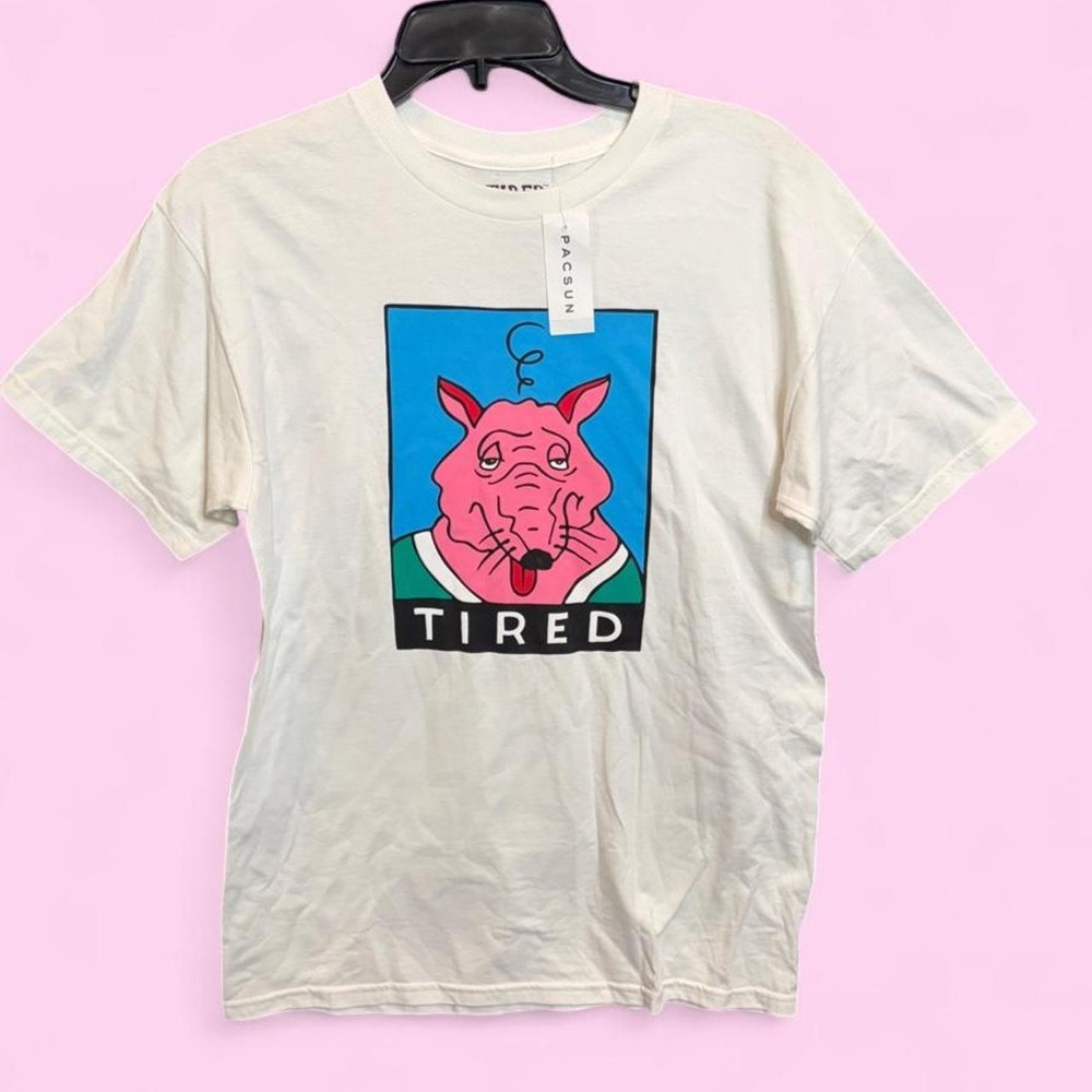 PacSun TIRED Graphic T-Shirt Mens Medium NWT White Pink Rat Cartoon Streetwear